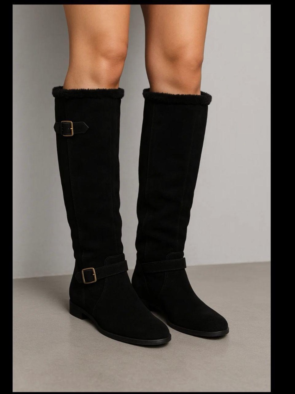 Classic Black Knee-High Faux Suede Boots with Buckle Detail